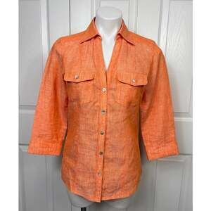 Foxcroft 100% Linen top shirt Women's 3/4 Sleeve Button Up Orange V-Neck Size 4